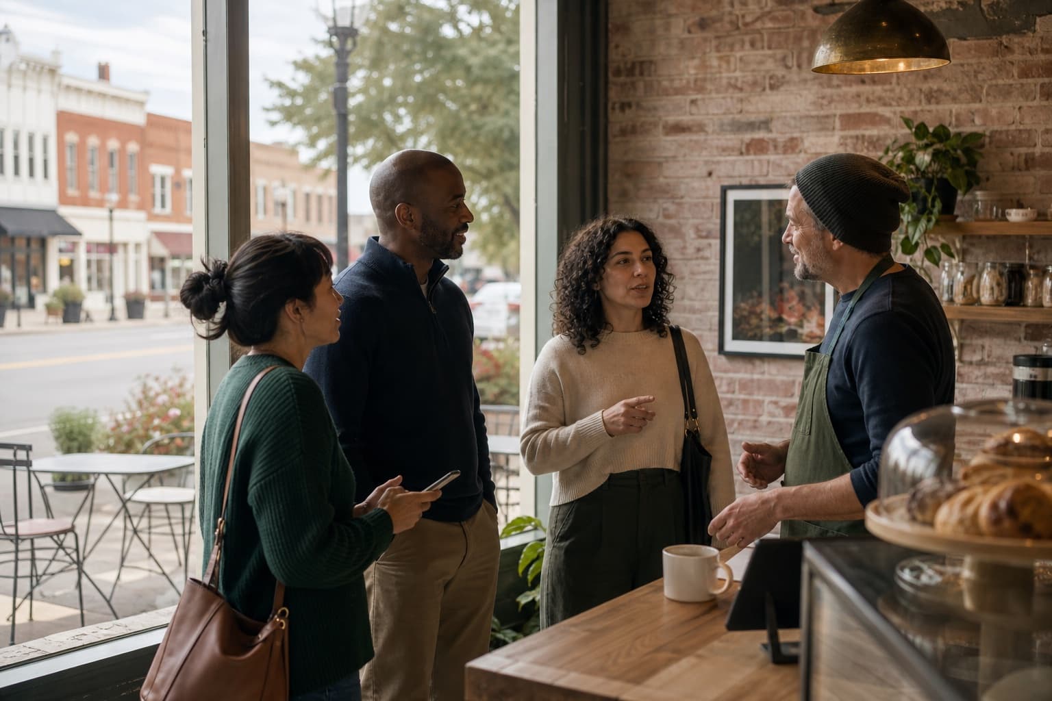 Customers speaking with the owner of a neighborhood business