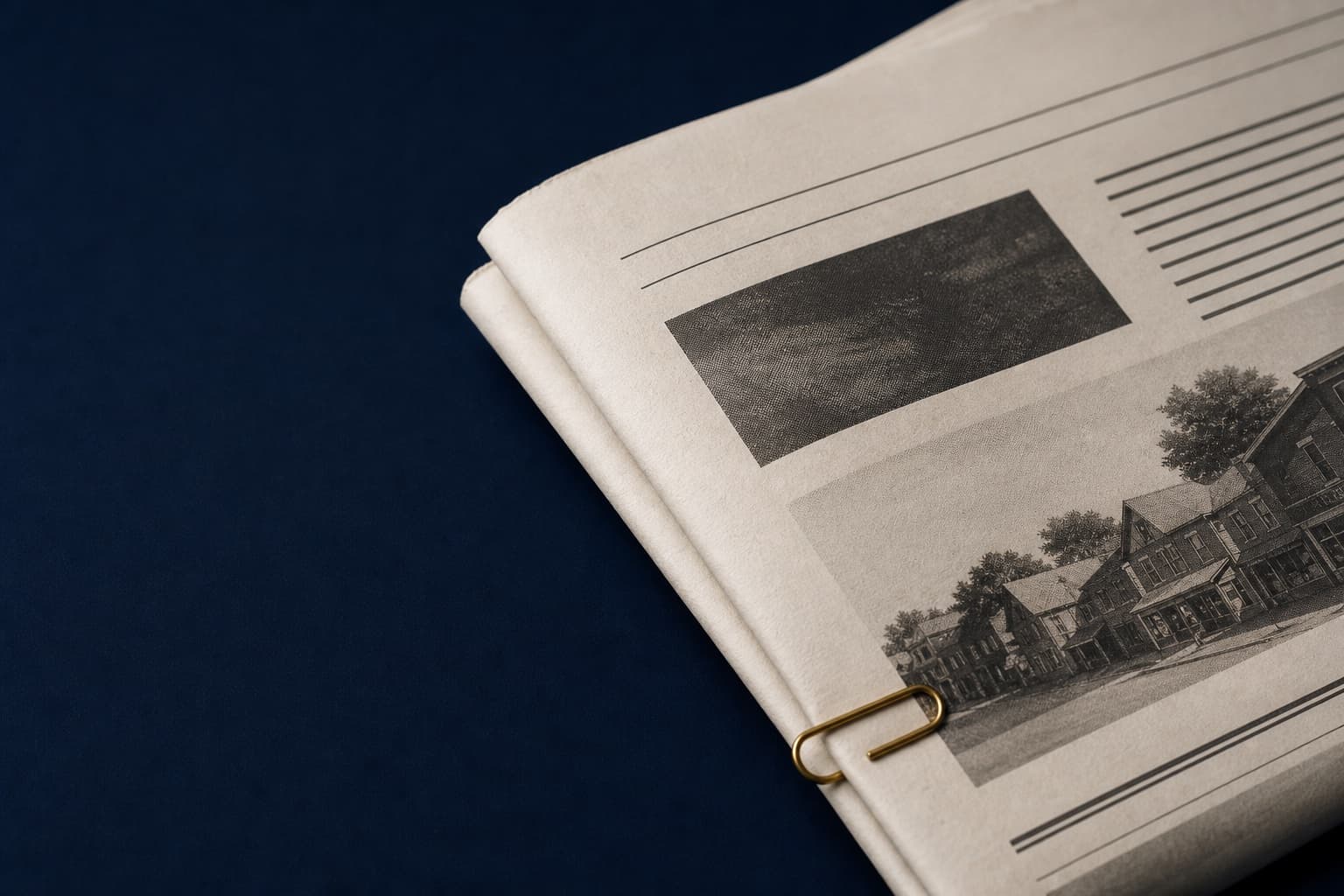 A printed local newsletter on a deep navy surface